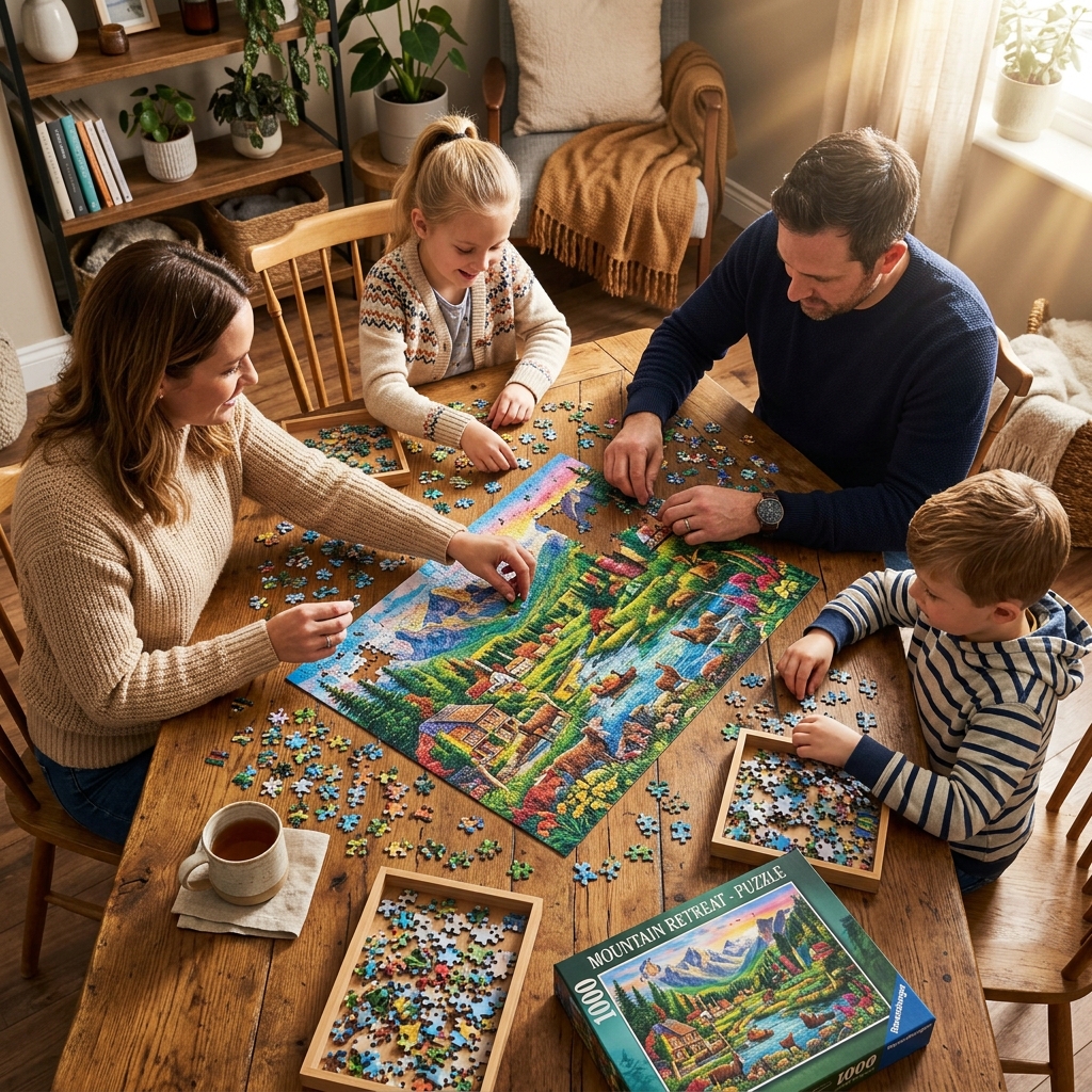 Family happily assembling a Mindovo Jigsaw Puzzle on a table